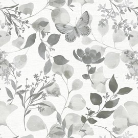 Safiyya Floral Wallpaper Peel and Stick Grey Boho Wall Paper Self Adhesive Removable Wallpaper Butterfly Flower Contact Paper for Bathroom Bedroom Living Room Vinyl Rolls 17.3" x 78.7"