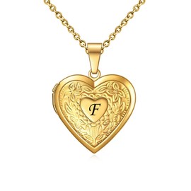 KunBead Jewelry Letter F Initial Picture Photo Heart Gold Locket Alphabet Name Birthday Pendant Necklace for Women Girls Stainless Steel
