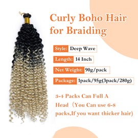 S-noilite Curly Braiding Hair, Marlybob Crochet Braids Hair Extension 35 cm Water Wave Afro Kinky Jerry Curl Pre-Stretched Ombre Braiding Hair for Black Women, 1 Pack 100g, Black to Blonde