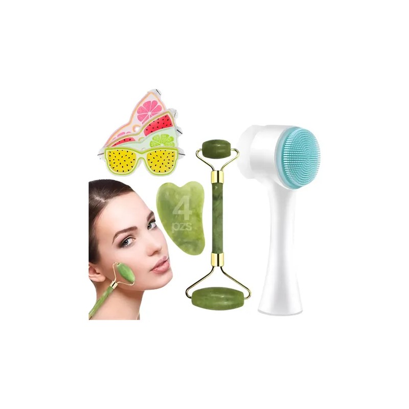 Kit Rodillo Y Gua Sha De Jade cepillo Facial antifaz