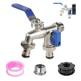 Double Outlet Garden Tap, Outdoor Tap Kit Splitter 2 Way, Zinc Alloy Outside Taps with Double Hose Connectors Rust and Frost Resistant (Included 3/4" Adapter, Suitable for 3/4” and 1/2”)