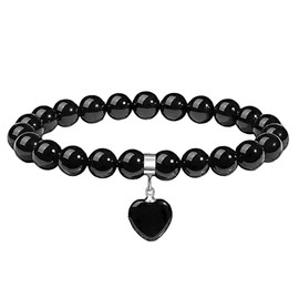 Tivleed Crystal Beaded Bracelet for Women, beaded bracelets，8mm Black Gemstone Bracelet with Silver Heart Pendant, Ladies Mum Girlfriend Jewellery Gift, Birthday Valentines