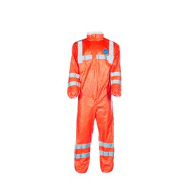 DuPont Tyvek 500 HV Chemical Protective Clothing with Collar, Category III, Type 5-B and 6-B, Fluorescent Orange with Grey Reflective Stripes, Size XL