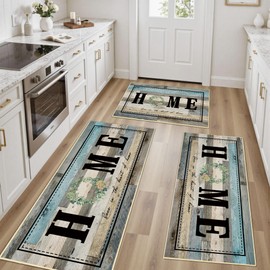 Tritard 100% Non Slip Kitchen Rugs Sets of 3 Farmhouse Washable Kitchen Mats for Floor Non-Skid Kitchen Runner Rug Soft Rustic Kitchen Floor Carpet for Laundry, Sink, Office, Grey Teal