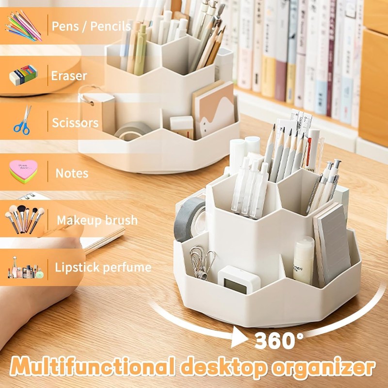 360-Degree Rotating Desk Organiser, White Multi-Compartment Storage Caddy for Stationery