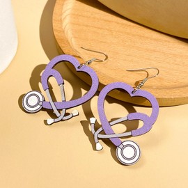Doctor Nurse Stethoscope Wooden Dangle Earrings Love Heart Stethoscope Medical Theme Earrings Nurse's Day Gifts for Doctors Nurses Medical Students-Purple