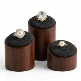 Kathfly 3 Pcs Wooden Ring Display Stand Walnut Ring Holder for Men Women, Rustic Solid Wood Cylindrical Showcase Jewelry Display Organizer for Trade Show Countertop, Walnut Color