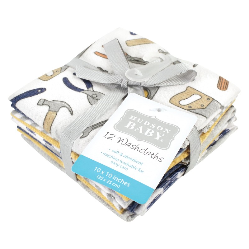 Hudson Baby Unisex Baby Flannel Washcloths, Construction Work 12Pk, One