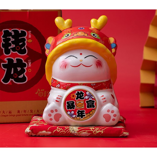 Linda hucha de Maneki Neko Figures, gato de la suerte con sombrero de dragón, súper rica, caja de ahorro de banco de monedas de dragón del zodiaco chino de cerámica, regalo de Año Nuevo chino 2024, caja de regalo incluida