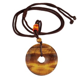 mookaitedecor Tiger's Eye Donut Stone Pendant Necklace Men Women, Healing Crystal Lucky Coin Necklace Gift, Reiki Chakra Round Crystal Semi Precious Stone Necklace with Adjustable Cord Luck Protection