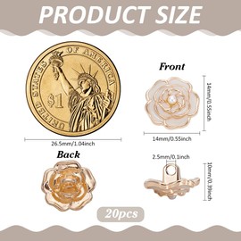 FINGERINSPIRE 20PCS 14mm Metal Rose Flower Buttons with 2.5mm Hole Zinc Alloy White Rose Floral Shape Buttons Decorative Retro Style Pearl Embellishment for DIY Clothes Bags Hats Decoration