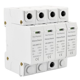Heschen Surge Protector SPD, HS-20RT-C, 4P 275VAC 20KA, Integrated Replaceable Overcurrent Fuse, Fireproof, 35mm DIN Rail Mount