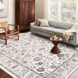 ROCKRAIN 8x10 Vintage Bohemia Area Rug: Non-Slip Washable Machine Made - Faux Cashmere Floral Design Light Khaki/Beige for Living Room Bedroom & Kitchen