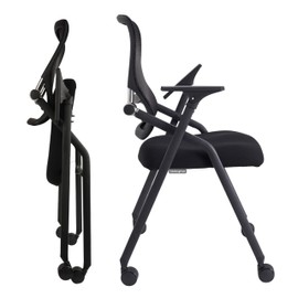 BLANEDUO Updated Conference Room Chairs, Folding Office Desk Chair with Lumbar Support and Sliding Armrest with Casters, Stackable Office Guest Chairs & Reception Chairs, 1 Pack Black