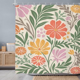 Newsely Colorful Matisse Flower Shower Curtain 60Wx72H Inch Abstract Floral Vintage Boho Plant Leaves Retro Shower Curtain Bathroom Set Modern Groovy Waterproof Bath Decoration Accessories Home Decor