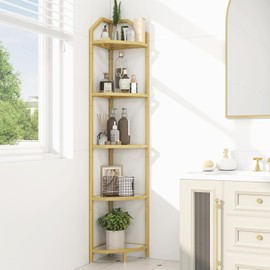 5 Tier Corner Shelf Stand, Gold Metal Frame Corner Shelf with Tempered Glass Trays, 66” Storage Rack Plant Stand for Living Room, Bathroom, Kitchen, Bedroom, Gold