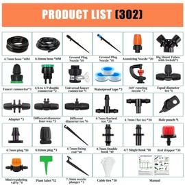 302PCS Drip Irrigation System for Garden: Automatic Drip Irrigation Kit Plant Watering System with 5 Kinds of Sprayers for Greenhouse Yard