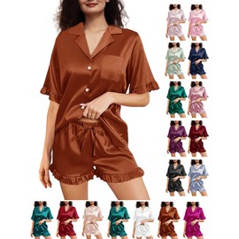 WJing Yi Jia Womens Silk Pajamas Set XS-4XL Button Down Satin Pajama Sets Silky Pj Set Ruffle Sleepwear Lounge Set Nightwear