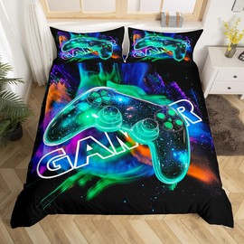 Cool Gaming Duvet Cover Set Queen Size,Gamepad Print Boys Gamer Room Decor Reversible Quilt Cover Set (NO Comforter),Stars Galaxy Watercolor Graffiti Soft Comforter Cover for Dorm Room, Zipper