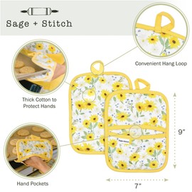 Sage+Stitch Heat Resistant Designer Pot Holders with Hand Pockets and Hanging Loops | Set of 2 100% Cotton Dual Function Kitchen Pot Holders | 7'' x 9'' | Sun Flowers