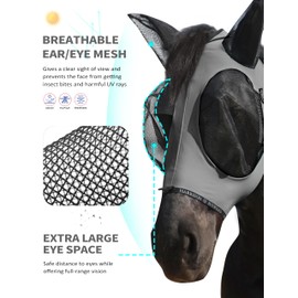 Harrison Howard Horse Fly Mask with Forelock Opening Stretch Breathable and Comfortable for Horses UV -Protection Grey L