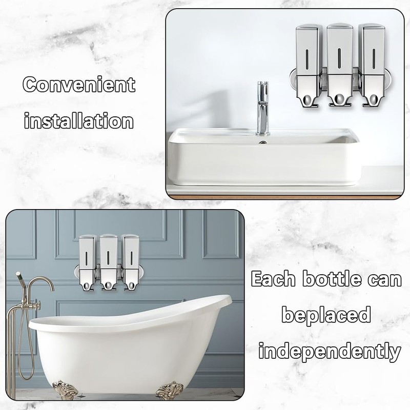 No-Drill 3 Pack 500ml Wall Mounted Soap Dispenser for Bathroom