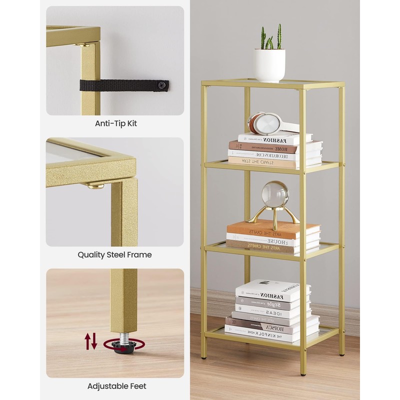 VASAGLE Bookcase, 4-Tier Bookshelf, Slim Shelving Unit for Bedroom, Bathroom,