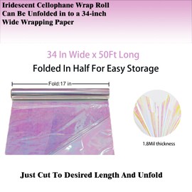 CMFYHM Iridescent Cellophane Wrap Roll I 34 In X 50 Ft I Rainbow Cellophane Roll, Rainbow Wrapping For Baskets,Gifts, Treats,Birthday Wedding Floral, Party Arts Crafts Decoration