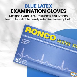 Disposable Latex Gloves, Ronco Silktex XPL, 50 Pack, 13 Mil, Small, 30.5 cm Length, Powder-Free, Long, Food-Grade, Textured, Blue