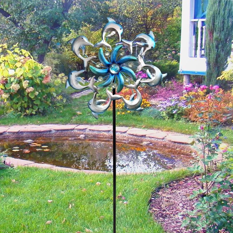 39" Dolphin Wind Spinners Metal Windmill Garden Stake,Ocean Theme Outdoor
