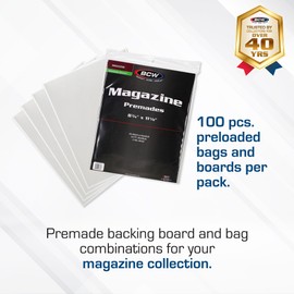 BCW Magazine Bags and Boards – (100 Pack) | Premade Resealable Magazine Protectors | Standard Size 8 ¾" x 11 ⅛" | Magazine Sleeves and Boards Pre-Loaded for Storage and Display
