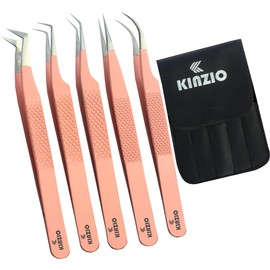 KINZIO Eyelash Tweezers Set for Eyelash Extension, Set of 5, Japanese Stainless Steel, Straight Bent 45-90 Degree Volume Eyelash Tweezers (5pcs, Pink)