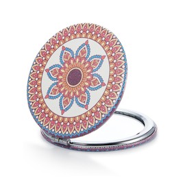 OMIRO 1X/10X(300R) Compact Magnifying Mirror, Unique Painting Pocket Mirror with Classical PU Leather (Round，Red Flower Mandala)