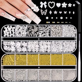 2 Boxes Metal Nail Beads (Silver+Gold) And 3D Flowers And Glass Rhinestones For Nail Art, Half Flatback Pearls Crystals Pearl Nail Charms Bows Heart Butterfly And Round Caviar Beads For Manicure Decor