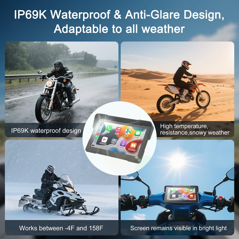 Wireless Motorcycle Apple Carplay,7 Inch Portable Motor GPS Navigation with