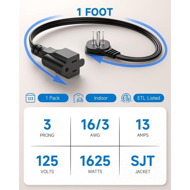 Flat Plug 1Ft Short Extension Cord, 90-Degree Plug Low Profile