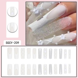 Press on Coffin Nails Long Length Glossy Full Cover Acrylic Extra Long Square False Nails with Designs Artificial Ballerina Square Fake Nails with Charm Glue ons Nails Fingernails for Women(SGCY209)