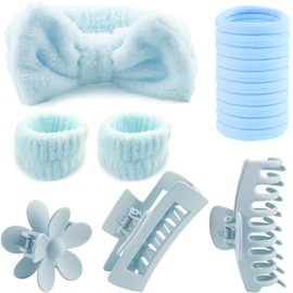 WORFACE 16 Pcs Face Wash Headband Wristband Hair Clips Ponytail Holders Set for Women, Soft Spa Bowknot Headband, Plastic Hair Claw Clips, Elastics Hair Tie for Facial Skincare Makeup (Blue, M)