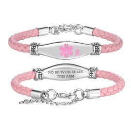 LinnaLove Medical Alert Bracelets for Women Beautiful Female Leather Medical ID Bracelets with Free Engraving (Pink,NO BP/IV/Needles This ARM)