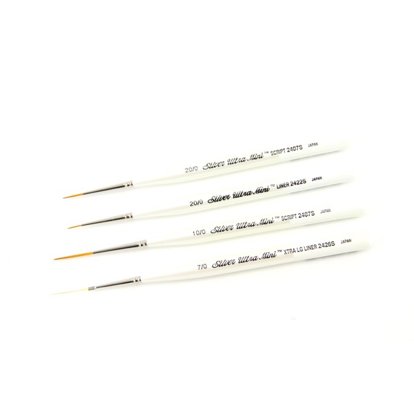 Silver Brush Limited Ultra Mini Detail Brush Set, Acrylic and Watercolor Brushes, Short-Handle Art Brushes, 4-Piece Set