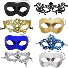 CNYMANY 8 Pcs Couple's Lace Masks Men Women's Sexy Eye-mask for Ball Party Venetian Masquerade Costume - Black, Gold, Silver, Blue