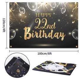 HAMIGAR 6x4ft Happy 22nd Birthday Giltter Shinning Banner Backdrop - 22 Years Old Birthday Decorations Party Supplies for Women Men - Black Gold
