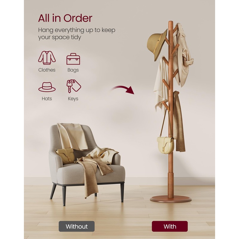VASAGLE Solid Wood Coat Rack, Free Standing Hall Coat Tree