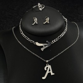 4 Pack Stainless Steel Initial A Necklace for Women Letter Rings Link Chain Bracelet Alphabet Earrings Studs Silver Jewelry Set (A)