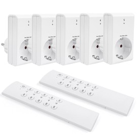 G-Homa Radio Sockets with Remote Control, Set of 5 Sockets with 2 Remote Controls for Household Appliances, Christmas Lights, 30 m Long Range, Programmable, 2300 W/10 A, CE Listed, White