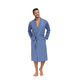 COLORFULLEAF Mens Robe Lightweight 100% Cotton Summer Bathrobe Knit Long Sleeve Kimono Robe with Pockets (Blue, 2XL)