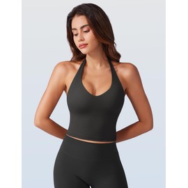 VOYJOY Women Halter Crop Top Padded V Neck Backless Sleeveless Workout Halter Tank Tops Going Out Yoga Gym Clothes Black