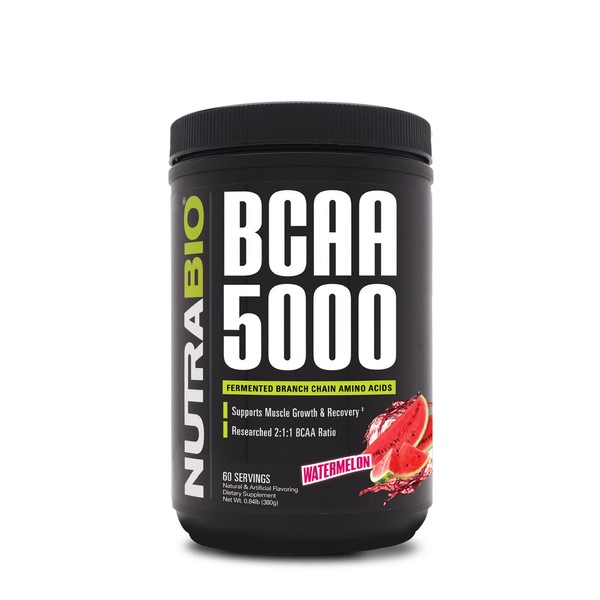 NutraBio BCAA 5000 Powder - Vegan Fermented BCAAs - Supports Lean Muscle Growth, Recovery, Endurance - Zero Fat, Sugar, and Carbs - 60 Servings - Watermelon