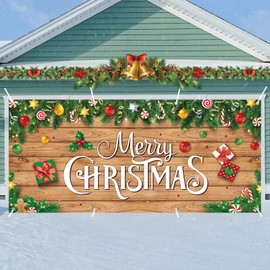 HunnmingRe 7 x 16 Ft Christmas Garage Door Banner Decoration Magnetic Christmas Double Garage Door Covers Large Christmas Backdrop Decorations for Indoor Outdoor Christmas Party(Wood Style)