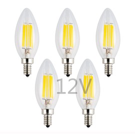 OPALRAY LED Candelabra Bulb, DC 12 Volts, Dimmable with DC Dimmer, 6W 600Lm, Warm White Light, E12 Small Base, 60W Incandescent Equivalent, for 12V Power Supply, Clear Glass Torpedo Tip, 5 Pack